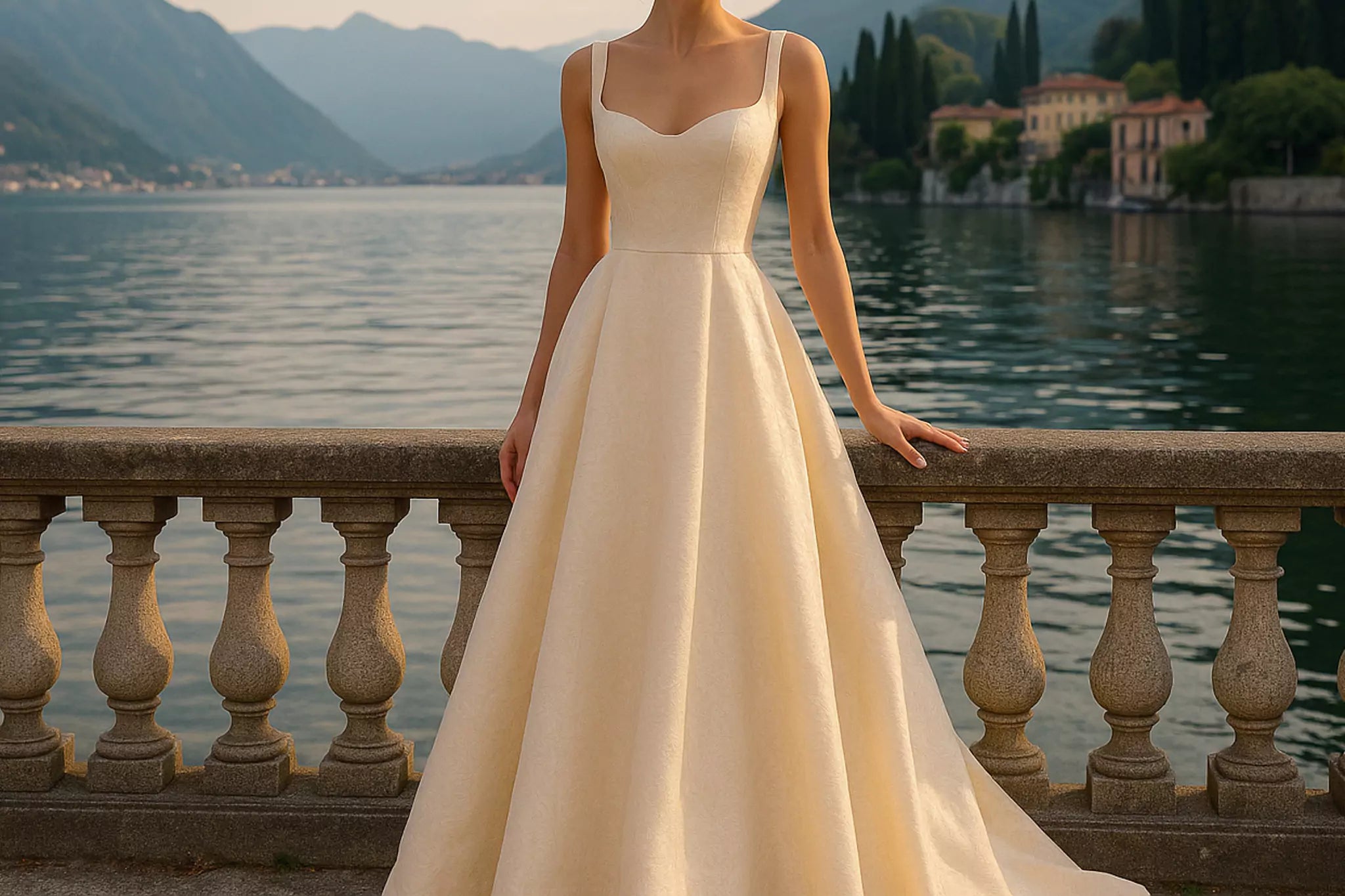 Model in a cream jacquard dress crafted in Italy by FRAQAIR, reflecting understated luxury