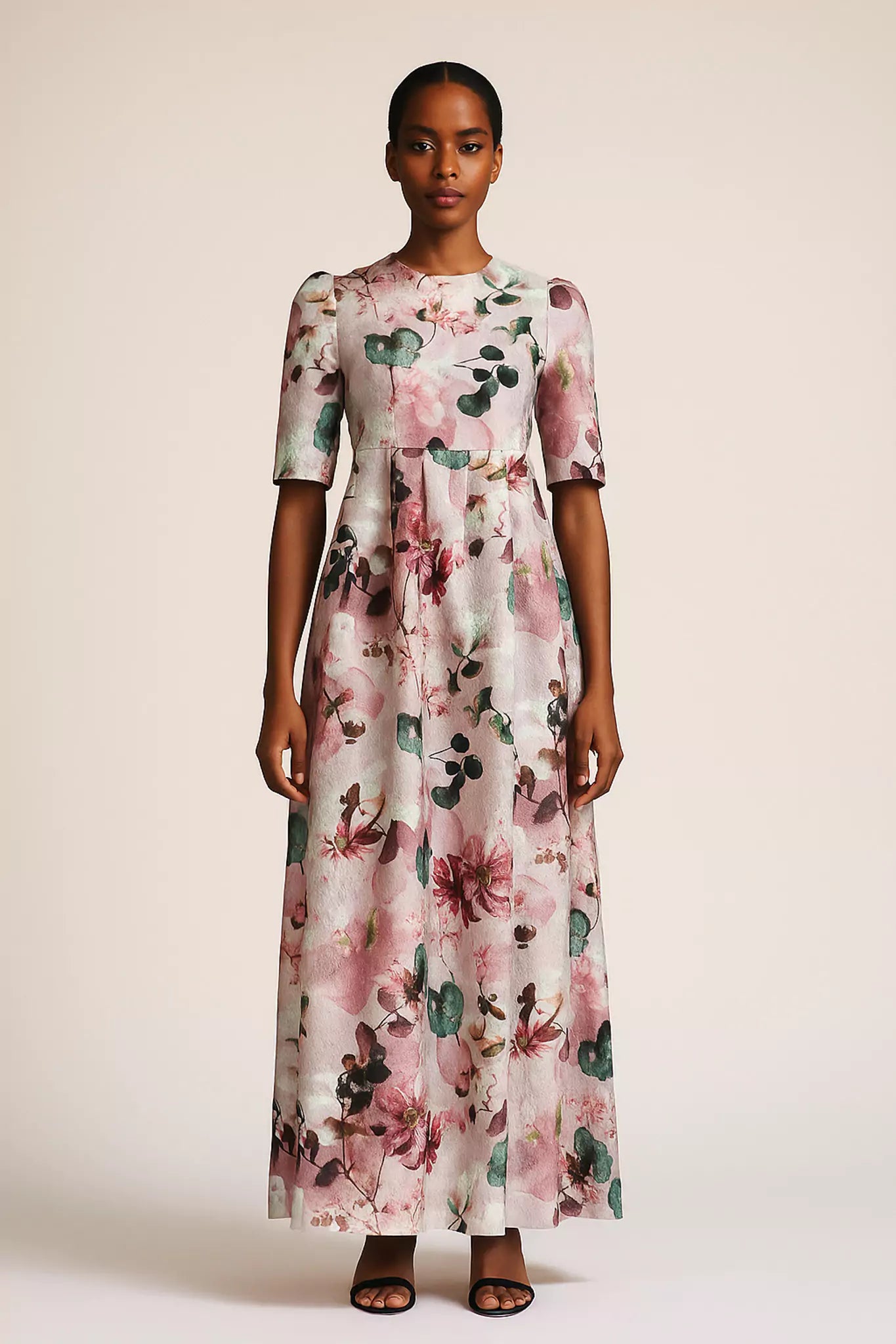 Model wearing floral jacquard dress front view, tailored in Italy by FRAQAIR