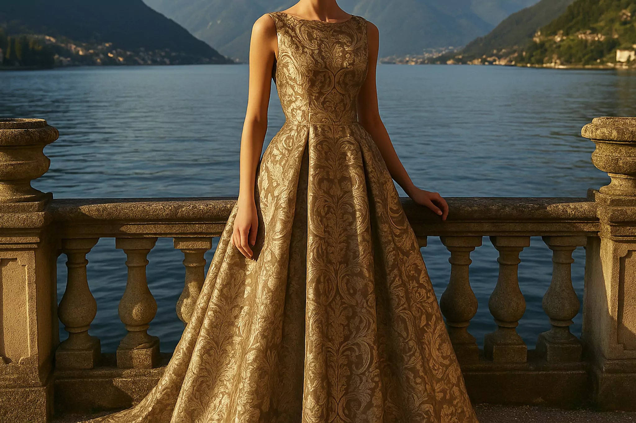 FRAQAIR gold jacquard evening dress made in Italy, perfect for Lake Como formal moments