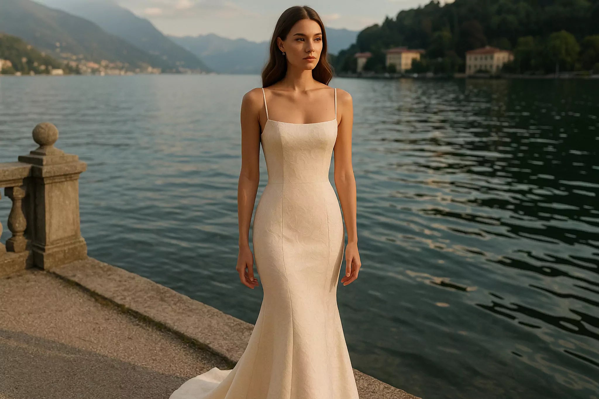 A model is wearing Fraqair jacquard dress in Lake Como for her engagement photo session.