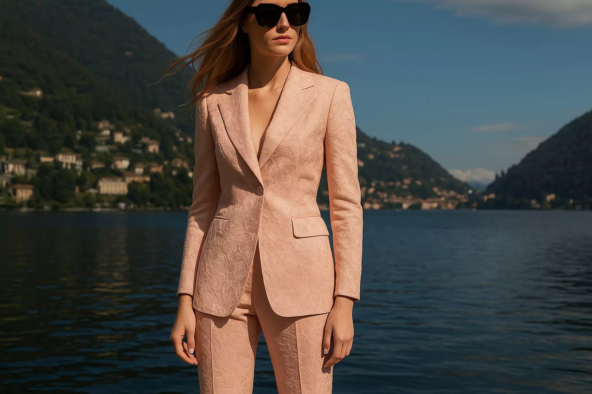 Jacquard dress made in Italy Fraqair homepage image dark blonde model is wearing light pink jacquard dress jacket and trousers.