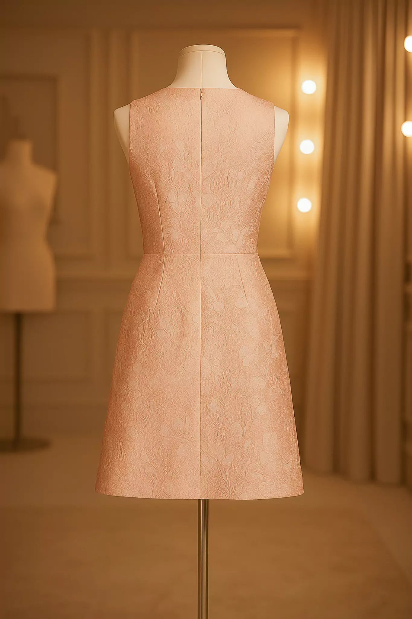 Luxury light pink jacquard dress by FRAQAIR, back view displayed on mannequin in elegant atelier lighting.