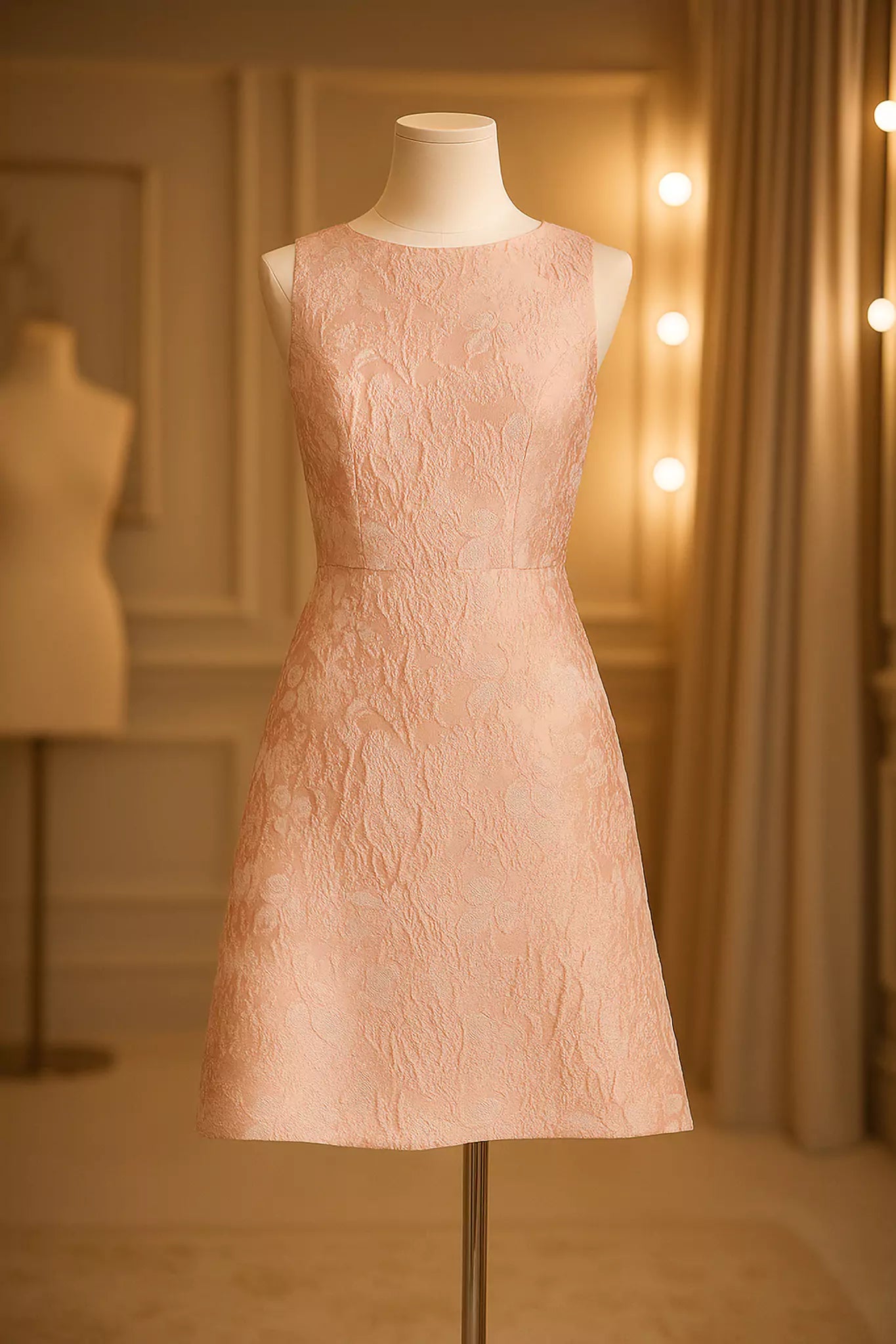 Front view of luxury light pink jacquard dress by FRAQAIR, sleeveless fitted design showcased on mannequin.