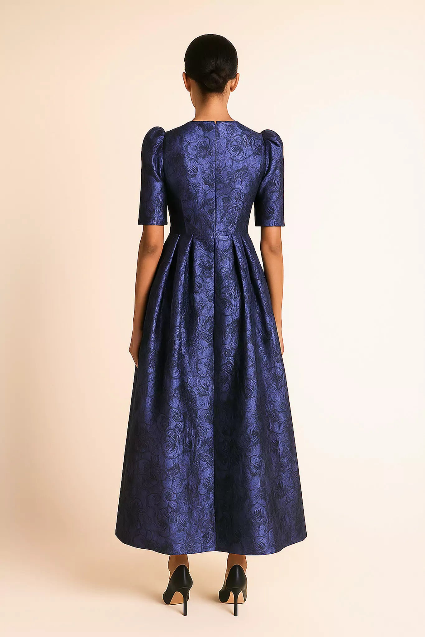 Back view of royal blue jacquard dress with floral texture and tailored fit – FRAQAIR